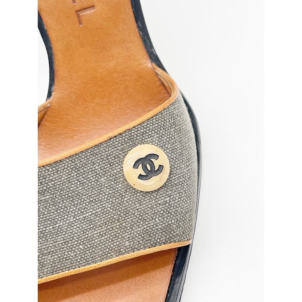 Chanel Vintage y2k Gray Canvas CC Logo Square Toe Mule Sandals Heels EU 37 - Picture 8 of 14